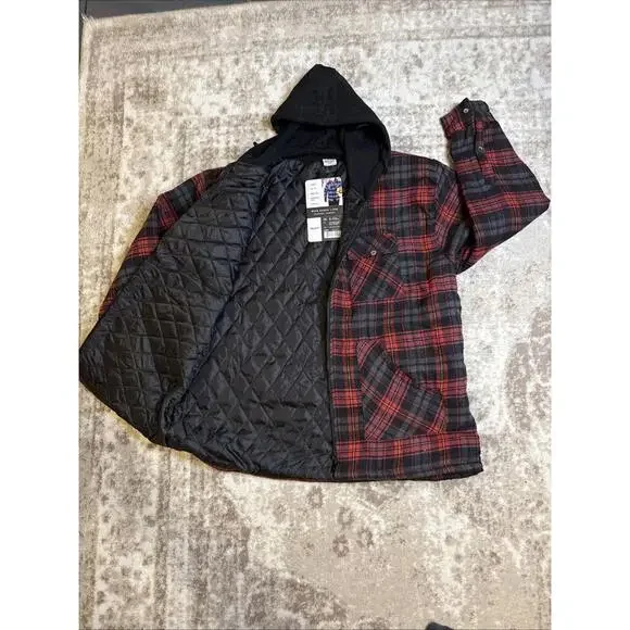 Tru-Fit Hooded Zip Front Jacket Coat Shacket Flannel Shirt Red Gray Plaid XL NWT - Picture 5 of 5